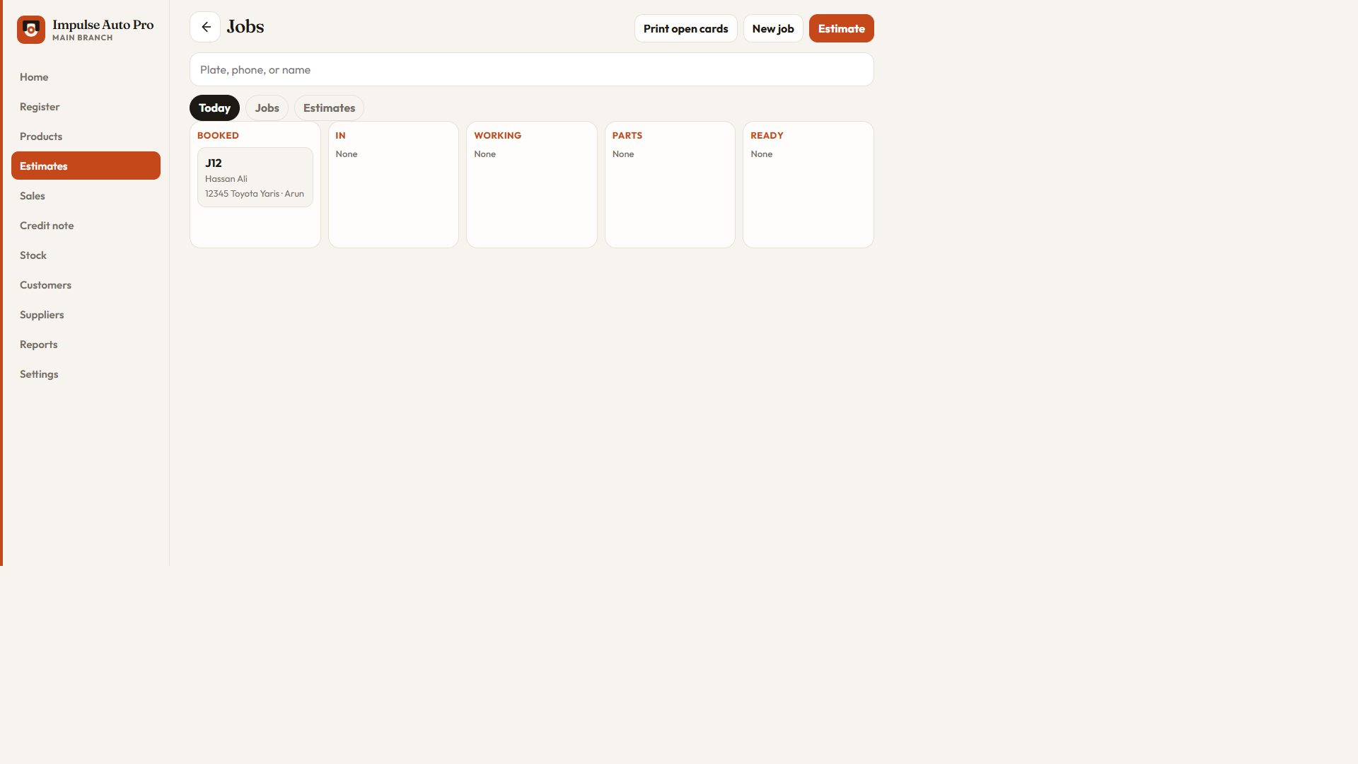 Workshop board with columns Booked, In, Working, Parts, and Ready