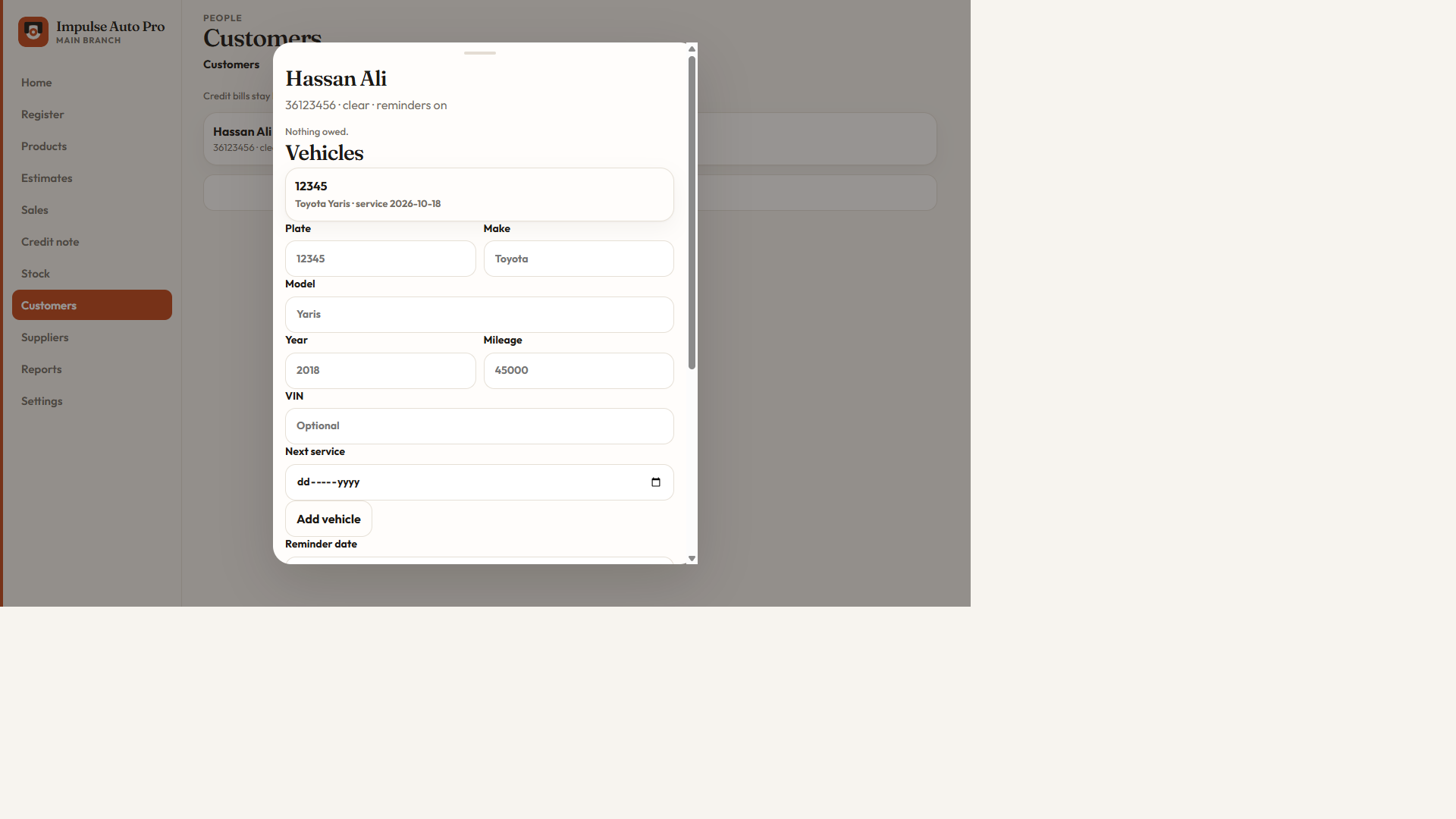 Customer profile with vehicle and next service