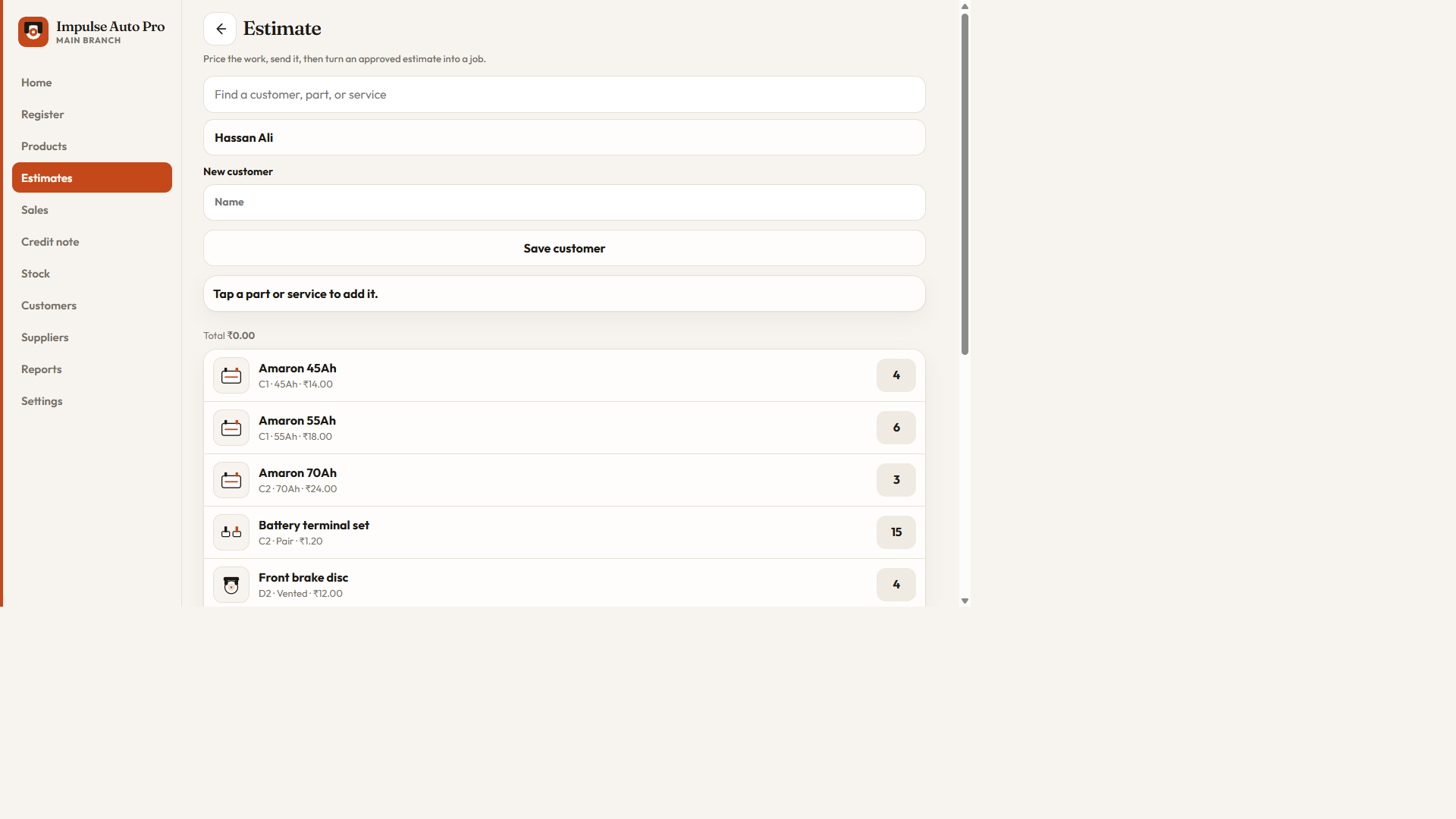 Estimate screen with parts ready to add