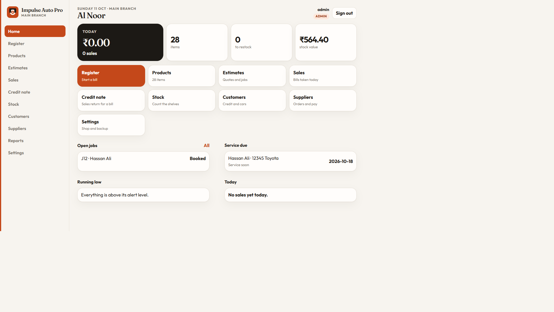 Impulse Auto Pro dashboard with open jobs and services due