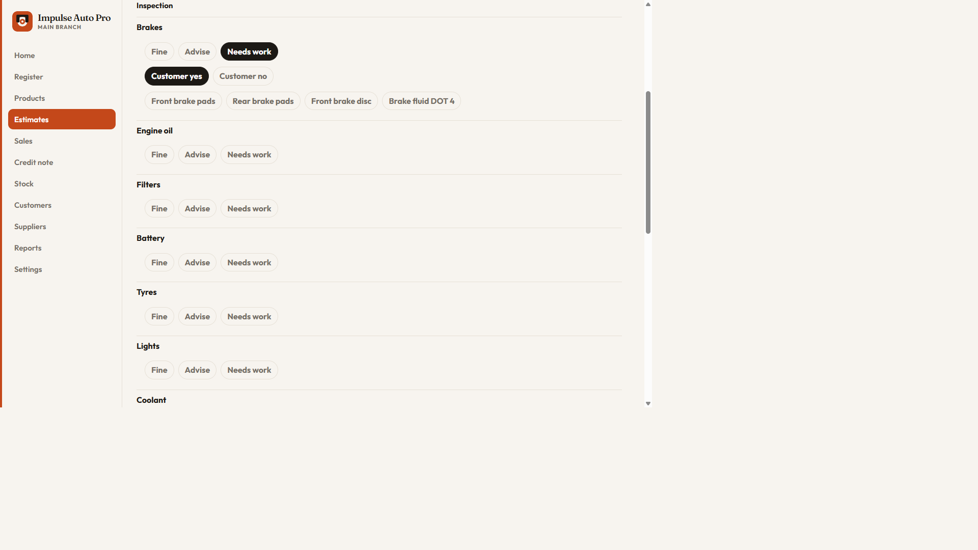 Inspection checklist with Needs work and a one-tap parts list