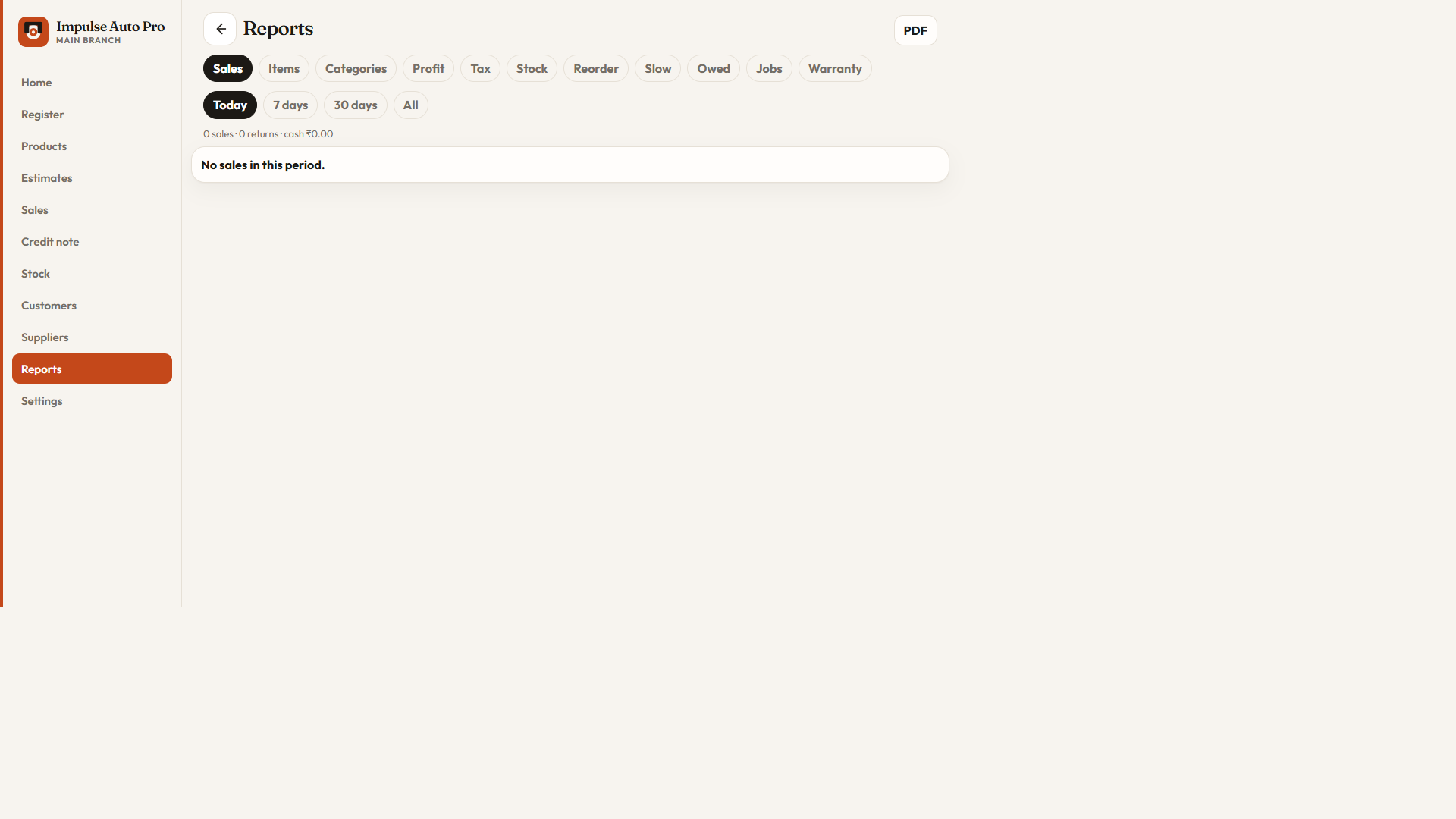 Reports for sales, stock, jobs, tax, and warranties